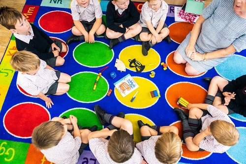 Image depicting school life in the Pre-Prep section of Moulsford School, featuring young students engaged in various activities, highlighting the nurturing learning environment, social interaction, and creative experiences provided in the early years education at the school.